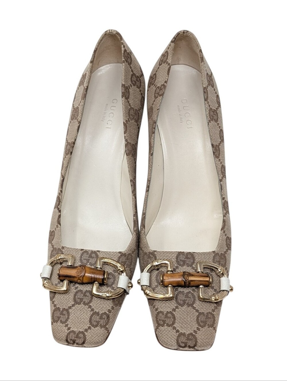 Gucci Monogram Horsebit Bamboo Square Toe Wooden Block Heel Pump Size 7.5 - Picture 5 of 10